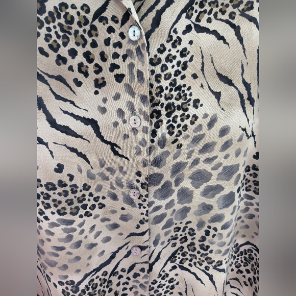 Vintage Alia Animal Print Button Down Shirt Black Tan Size 14 - Picture 3 of 5